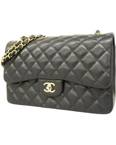 Chanel Double Flap Leather Shoulder Bag (pre-owned) - Gray