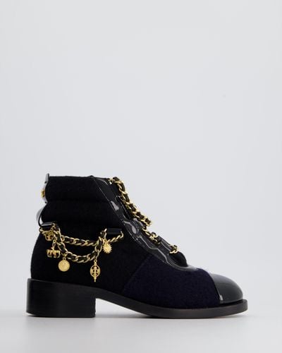 Chanel , Wool And Patent Ankle Boot With Brushed Gold Charm Chain Detail - Black