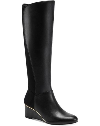 Alfani Beverly Leather Tall Wedge Boots - Black