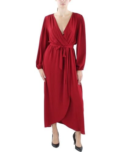 Connected Apparel Faux Wrap Midi Wrap Dress - Red