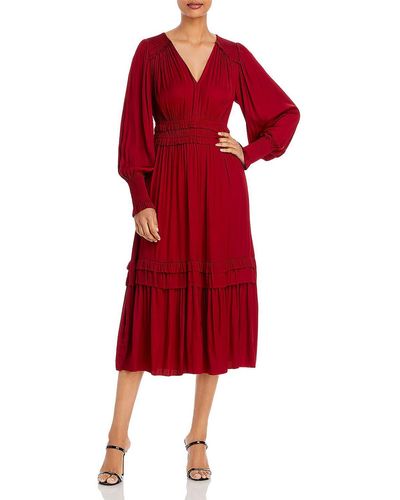 Tahari Sateen Smocked Fit & Flare Dress - Red