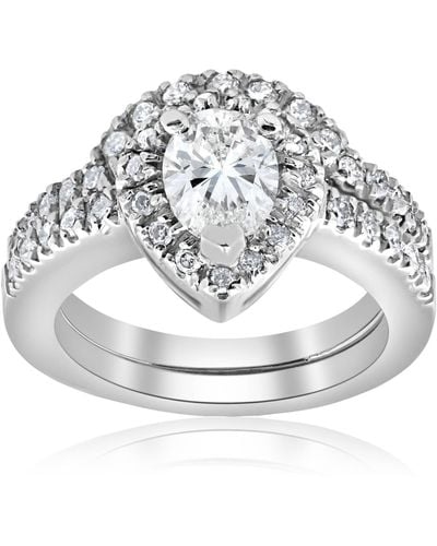 Pompeii3 1 1/4ct Pear Shape Diamond Halo Wedding Engagement Bridal Set - Metallic
