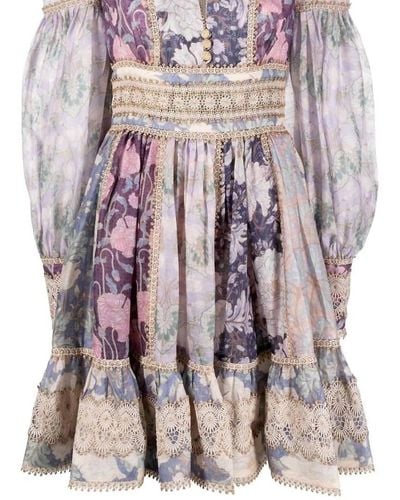 Zimmermann Celestial Lace Paneled Linen Silk Mini Dress - Purple
