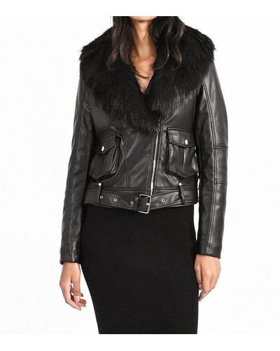 Molly Bracken Faux Leather Moto Jacket With Faux Fur Collar - Black