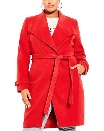 City Chic Plus Large Lapel Long Sleeves Long Coat - Red