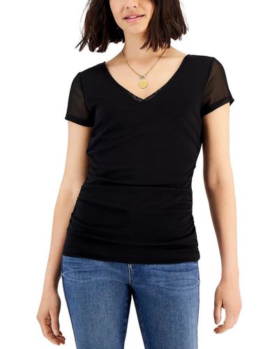 INC Illusion Ruched Pullover Top - Black