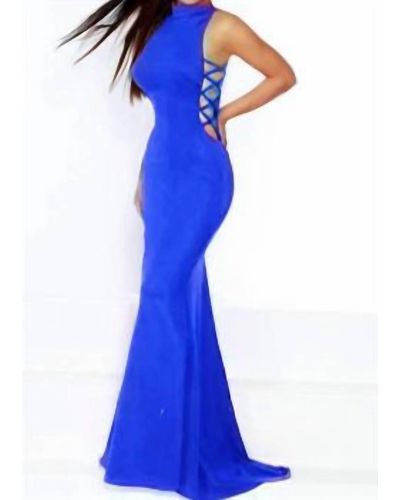 Jasz Couture High Neck Dress With Cut Outs - Blue