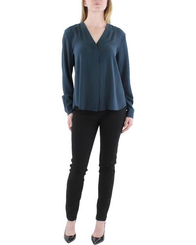 Eileen Fisher Cuffed V Neck Blouse - Blue