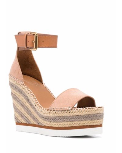 See By Chloé Glyn Platform Espadrille Wedge Leather Suede Sandals - Natural