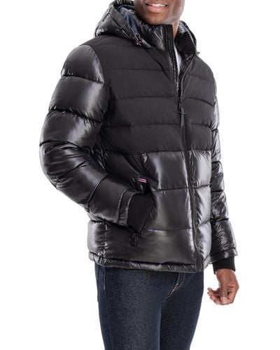 London Fog Tower Puffer Colorblock Quilted Coat - Black