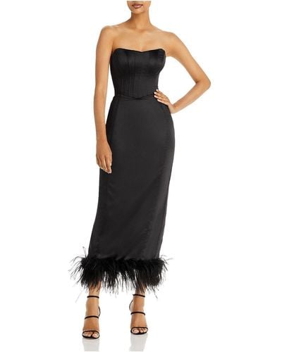 Aqua Faux Feather Trim Midi Cocktail And Party Dress - Black