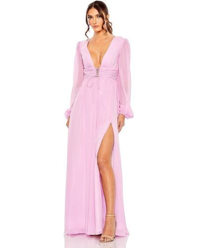 Ieena for Mac Duggal Plunge Neck Lace Up Evening Gown - Pink