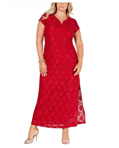 Connected Apparel Plus Lace Sequined Evening Dress - Red