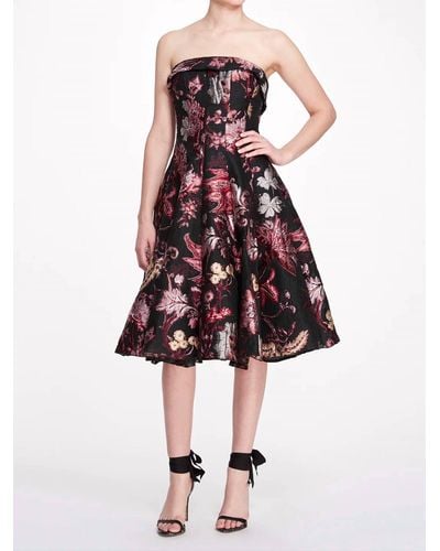 Marchesa Strapless Floral Tea Length Gown - Black