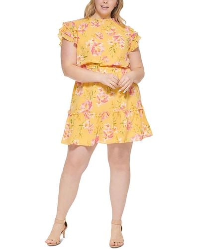 Vince Camuto Plus Chiffon Floral Fit & Flare Dress - Yellow
