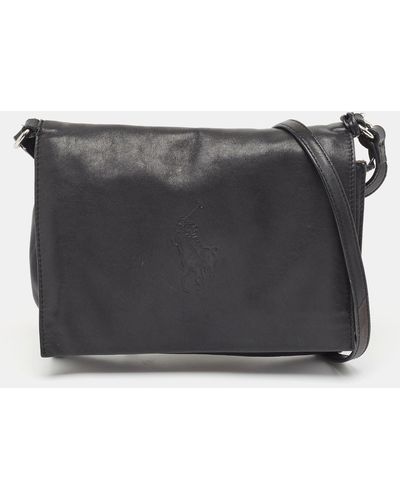 Ralph Lauren Leather Logo Embossed Flap Messenger Bag - Black