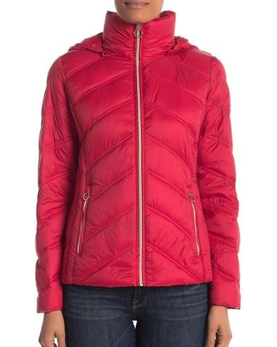MICHAEL Michael Kors Chevron Hooded Down Quilted Packable Coat Jacket - Red