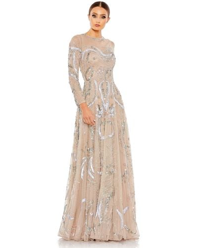 Mac Duggal Embellished Illusion High Neck Long Sleeve A Line - Natural
