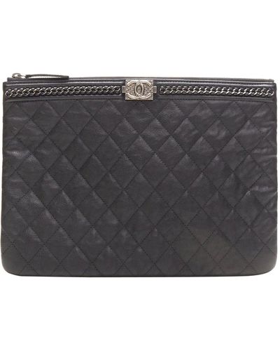 Chanel Large Boy O Case Quilted Leather Chain Trim Flat Pouch Clutch Bag - Black