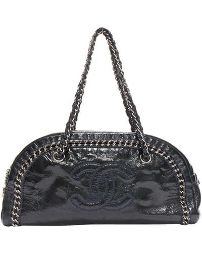 Chanel Ligne Bowler Patent Leather Cc Woven Chain Satchel Bag - Black