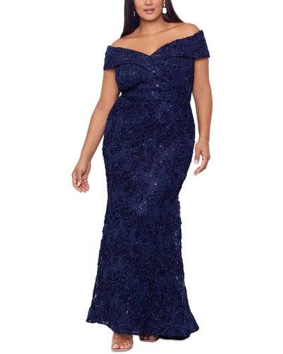 Xscape Plus Sequined Lace Overlay Evening Dress - Blue