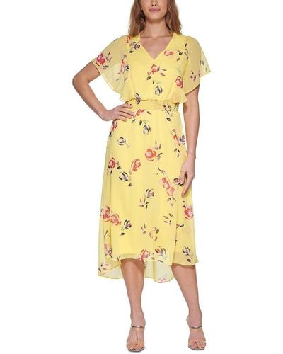 DKNY Floral Fit & Flare Midi Dress - Yellow