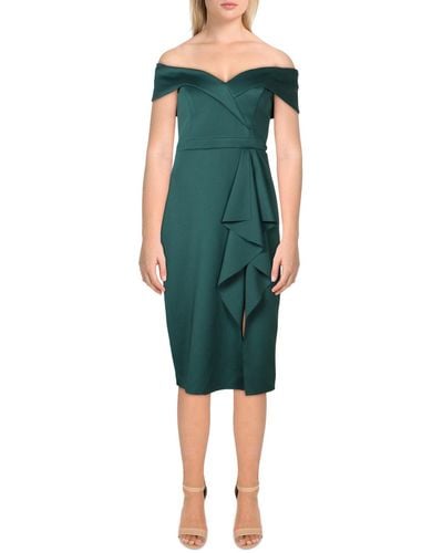 Xscape Ruffled Midi Cocktail And Party Dress - Green