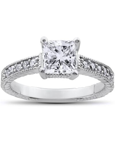 Pompeii3 1 1/4ct Diamond Princess Cut Engagement Ring Vintage White Gold Lab Grown - Metallic