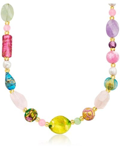 Ross-Simons Italian Multicolored Murano Glass Bead, Multi-gem Bead And 7-10mm Cultured Pearl Necklace - Yellow