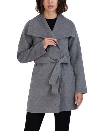 Tahari Ash Gray Wool Wrap Coat Jacket Ella
