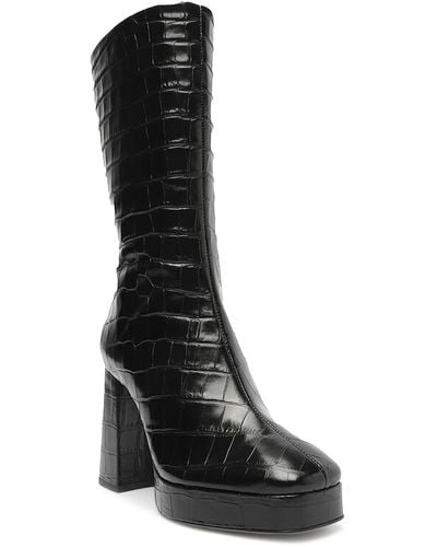 SCHUTZ SHOES Bota Salto Alto Leather Croc Prints Platform Heels - Black