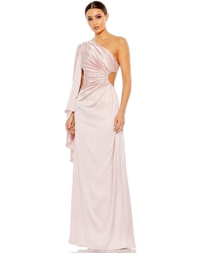 Ieena for Mac Duggal One Shoulder Bell Sleeve Draped Gown - White