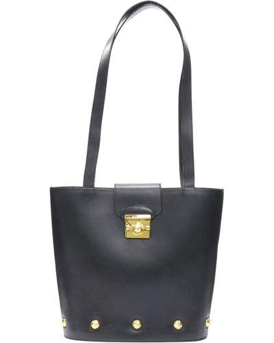 Ferragamo Vintage Smooth Leather Gold Clasp Lock Shoulder Bag - Blue