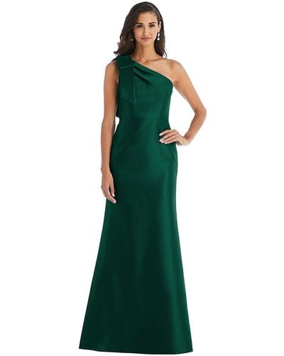 Alfred Sung Bow One-shoulder Satin Trumpet Gown - Green