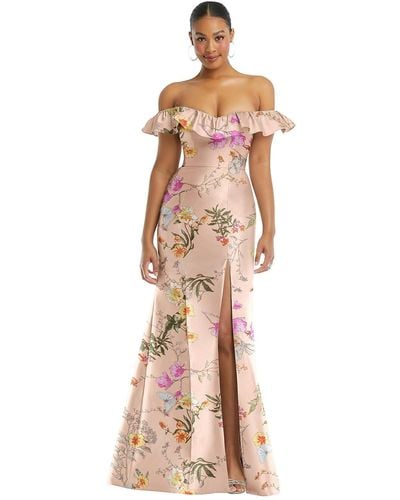 Alfred Sung Off-the-shoulder Ruffle Neck Floral Satin Trumpet Gown - Pink