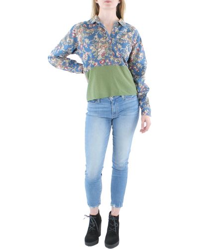 Refried Apparel Floral Gathered Neckline Blouse - Green