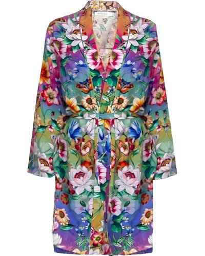 Johnny Was Evelyn Floral Cotton Silk Belted Tie Robe Color - Blue