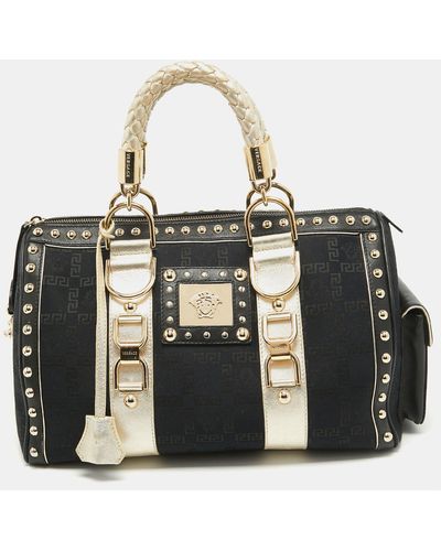 Versace Signature Fabric And Leather Studded Snap Out Of It Satchel - Black
