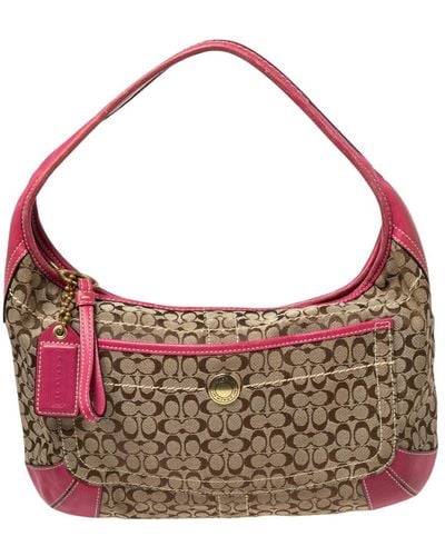COACH /beige Signature Canvas And Leather Zip Hobo - Red