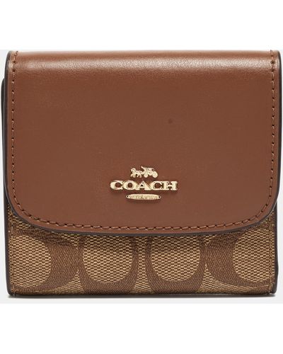 COACH Beige/brown Signature Coated Canvas And Leather Trifold Wallet
