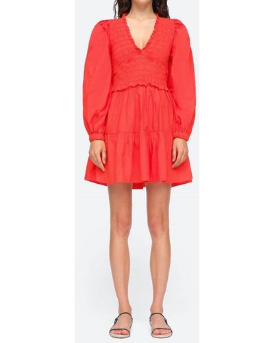 Sea Gaia Solid Cotton Long Sleeve Mini Dress - Red