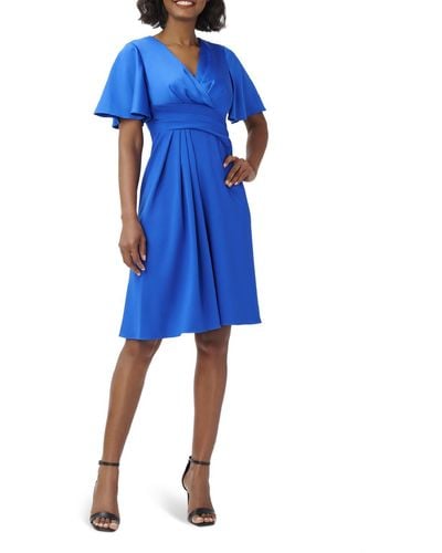 Adrianna Papell Pleated V Neck Fit & Flare Dress - Blue