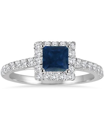 Monary 1 Carat Tw Princess Cut Genuine Sapphire And Diamond Halo Engagement Ring - Blue