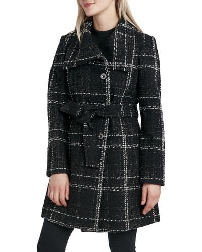 Laundry by Shelli Segal Wool Blend Plaid Wrap Coat - Black