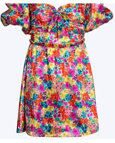 For Love & Lemons Merrill Puff Sleeve Open-back Satin Jacquard Mini Dress - Multicolor