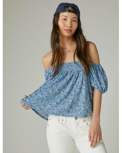 Lucky Brand Square Neck Printed Top - Blue