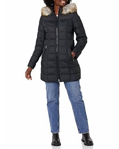 Laundry by Shelli Segal Stretch 3/4 Puffer Jacket With Faux Fur Striped Hood - Blue