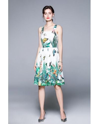 Kaimilan White & Floral Print Day A-line Off The Shoulder Strap Knee Dress - Blue