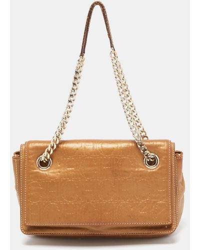 Carolina Herrera Gold Quilted And Monogram Embossed Leather Flap Shoulder Bag - Brown