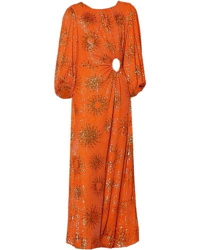 FARM Rio Sunny Mood Sequin Long Sleeve Cut Out Midi Dress - Orange